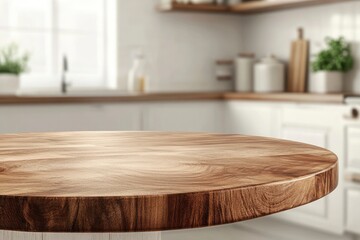 Empty beautiful round wood tabletop counter on interior in clean and bright kitchen background, Ready for display, Banner, for product montage ,  ai