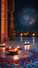 Colorful rangoli with lit diyas at the entrance of a traditional Indian home, with distant fireworks lighting up the night sky. Copy space, Indian traditional festival happy Diwali background