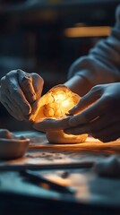 Hands Shaping Clay Pottery With Light Shining Through