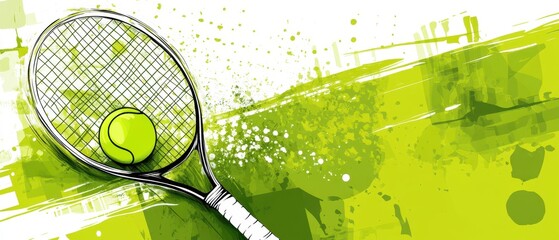 Abstract Tennis Racquet and Ball Design with Green Splashes