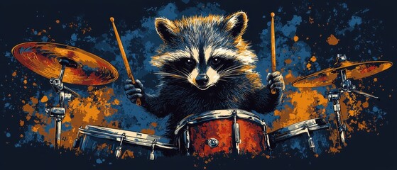 Raccoon Drumming Up a Beat, Cool Animal Music Illustration