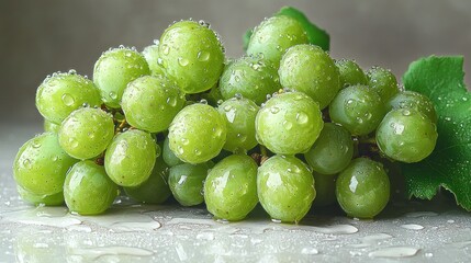 Wall Mural - Fresh green grapes with water droplets on a surface.