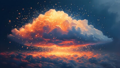 Wall Mural - Futuristic glowing cloud releasing a cascade of sparks in an otherworldly atmosphere