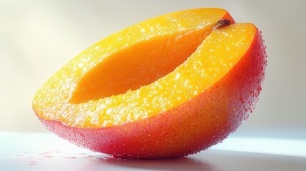 Wall Mural - A close-up of a juicy mango slice with droplets of water.