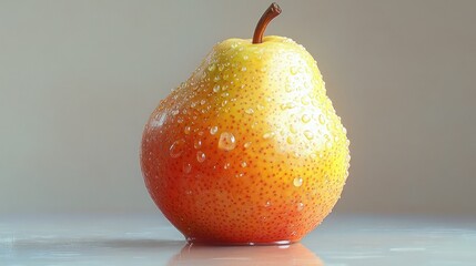 A close-up of a fresh, dew-covered pear on a reflective surface.