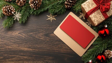 Wall Mural - Christmas Mockup with Red Card on Wooden Background