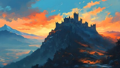 Wall Mural - Majestic mountain range with a distant castle under a vibrant blue and orange sky