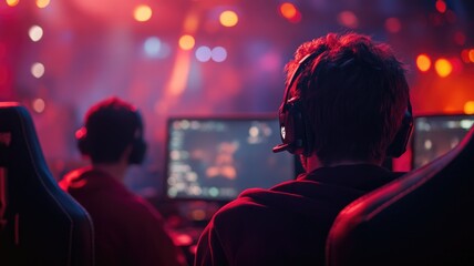 two gamers with headsets focused on playing video games in illuminated room red and purple lights