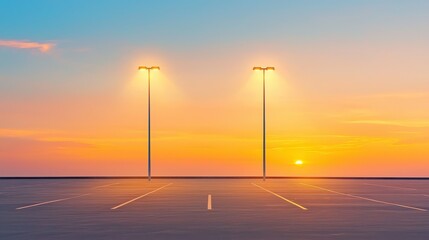 Wall Mural - Empty Parking Lot at Sunset with Street Lights