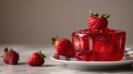 A glass bowl filled with red gelatin dessert topped with a whole strawberry, and three whole strawberries are on a white plate with blue and white checkered pattern.