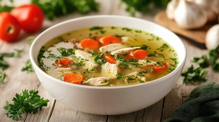 Canvas Print - Chicken soup in a white bowl with herbs and vegetables