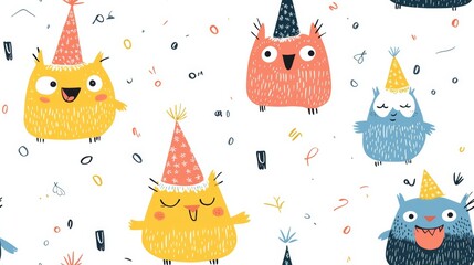 Colorful Monster Doodles Seamless Pattern with Cute Cartoon Creatures in Party Hats on White Background