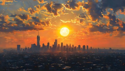 Wall Mural - Moody city skyline bathed in warm sunset glow with dramatic clouds filling the sky