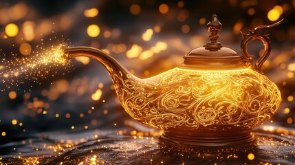 Wall Mural - Magic Genie Lamp with Golden Light and Sparkles