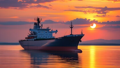 Wall Mural - Majestic ship sailing into a serene sunset, casting reflections on tranquil waters and creating a peaceful atmosphere