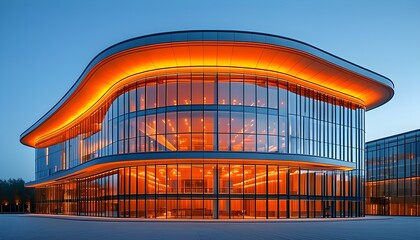 Warmly Lit Modern Building with Curved Roof and Glass Facade Embracing Natural Light