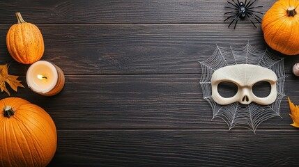 Sticker - Halloween Decoration with Pumpkins  Spider Web  and Skull Mask on Rustic Wood Background