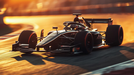 High-speed racing car on a track at sunset, creating a sense of speed and power.
