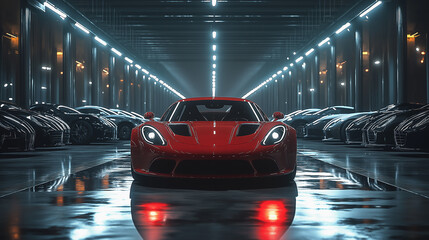 Wall Mural - Front view of a red sports car parked in a modern garage under intense lighting.
