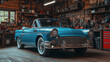 © AvalgArt - Classic blue coupe in a rustic garage surrounded by vintage tools and nostalgic details.