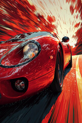 Wall Mural - Dynamic red sports car speeding through an explosion of vibrant colors in an artistic style.
