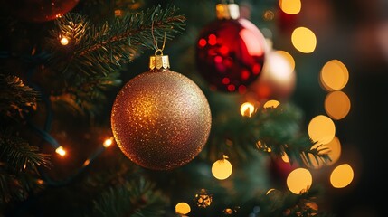 Gold and chocolate ornaments hanging on a Christmas tree with green and red lights, showcasing elegant festive details