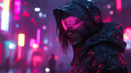 A cyberpunk-themed character with chrome armor and accessories, standing against a neon-lit urban backdrop, capturing a blend of futuristic and gritty aesthetics