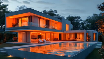 Wall Mural - Illuminated house featuring a pool at its center, radiating a warm glow from orange lights