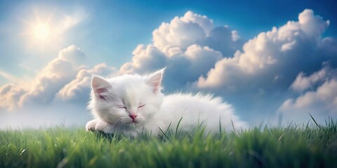 Fluffy white cloud kitten napping peacefully in idyllic meadow dreamscape silhouette