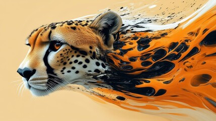 Wall Mural - Cheetah transformed into smooth shapes and fluid forms in Morphism style, its speed captured in abstract lines.