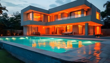 Illuminated house featuring a pool at its center, radiating a warm glow from orange lights