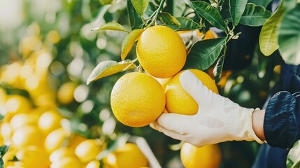 Canvas Print - Freshly Picked Yellow Oranges in Orchard