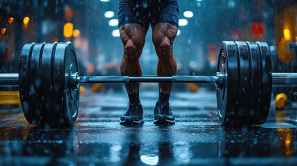 Weightlifter preparing to lift a heavy barbell in a rainy setting.