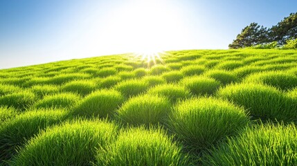 Canvas Print - Lush Green Grass Field with Sunlight and Blue Sky