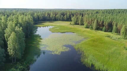 Poster - Aerial View of a Lush Forest Lake with Water Lilies and Reeds