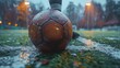 © Lexyat - Close up of a wet soccer ball on a field with a player's leg in the background.