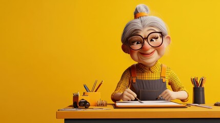 Wall Mural - A cheerful elderly woman with glasses sits at a desk, drawing on paper with colorful tools.