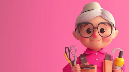 Wall Mural - A cheerful cartoon character holding crafting tools against a pink background.