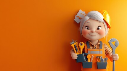 Wall Mural - A cheerful character in work attire holding tools against an orange background.