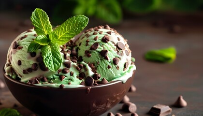 Mint chocolate chip ice cream with fresh mint leaves in a double exposure silhouette creating a refreshing aesthetic