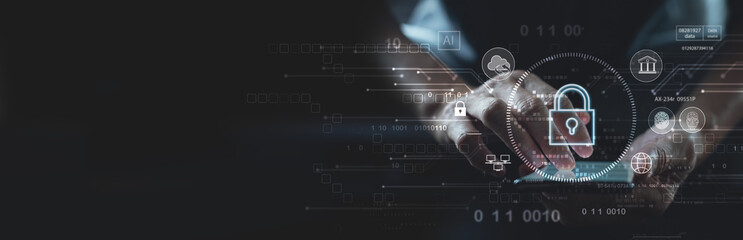 Wall Mural - cyber security network. data protection concept. user using mobile phone with digital padlock on int