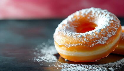 Wall Mural - Elegant close-up of a classic jelly donut dusted with powdered sugar, featuring a dreamy double exposure silhouette and ample copy space for text.