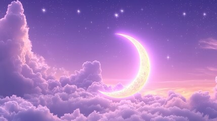 Poster - Crescent Moon in Pink Sky with Clouds and Stars