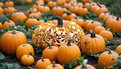 Wall Mural - Creative pumpkin carving artistry from a high-angle perspective