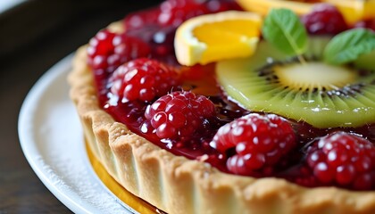 Sticker - Decadent fruit tart adorned with fresh berries, vibrant kiwi, and zesty orange slices