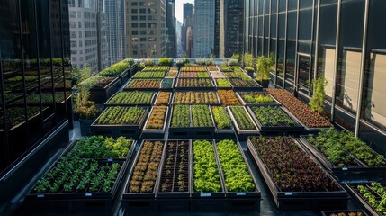 Wall Mural - Rows of trays filled with microgreens, herbs, and small vegetables thrive on a rooftop garden in an urban environment, illustrating the potential of city farming