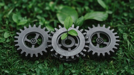 a small green plant growing in the center of three gray metal gears on a green lawn, symbolizing business growth, innovation, and sustainability in green technology and mechanical engineering.