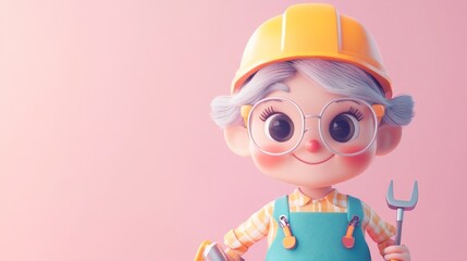 Wall Mural - A cute animated character of an elderly woman in a construction outfit with tools.