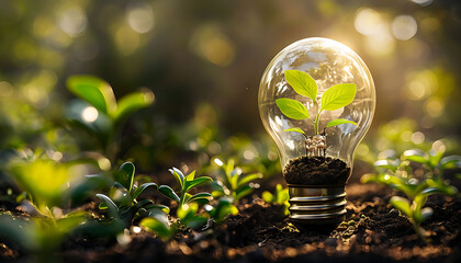 Hand holding light bulb amidst greenery, representing renewable energy sources, Sustainable development, and environmental responsibility. Ecology concept