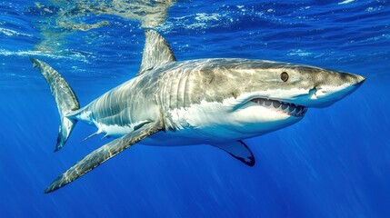 Poster - Great White Shark Underwater  Ocean Predator  Jaws Open  Teeth  Blue Water